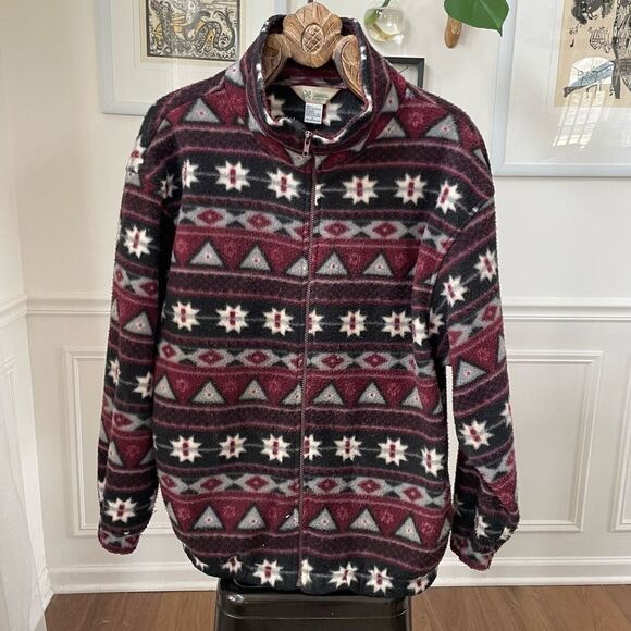 Vintage Haband Burgundy Grey Aztec Southwest Blanket Print Fleece Jacket L - Picture 2 of 6